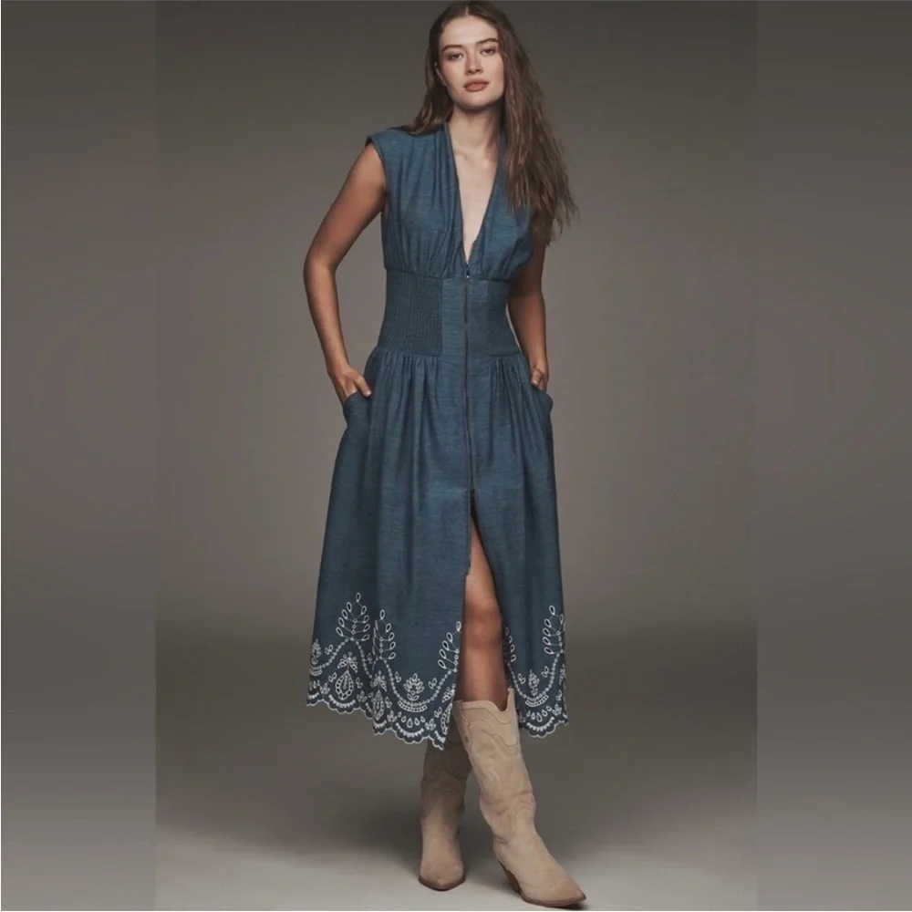 Anthropologie The Tommie Denim Chambray Zip Front Eyelet Trim Dress Blue XSP NWT - Picture 3 of 14